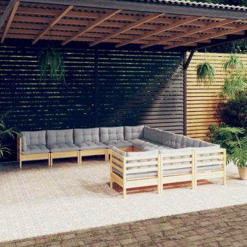 Set mobilier grădină cu perne gri, 11 piese, lemn de pin