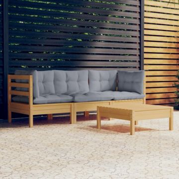 Set mobilier grădină cu perne gri, 4 piese, lemn de pin