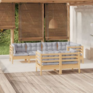 Set mobilier grădină cu perne gri, 7 piese, lemn masiv de pin