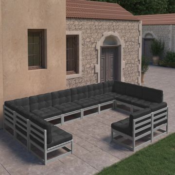 Set mobilier grădină perne, 12 piese, gri, lemn masiv pin
