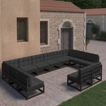 Set mobilier grădină perne, 12 piese, negru, lemn masiv pin