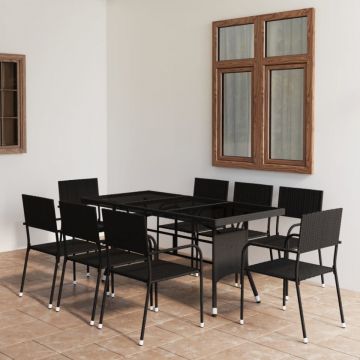 Set de masă pentru grădină, 9 piese, negru, poliratan