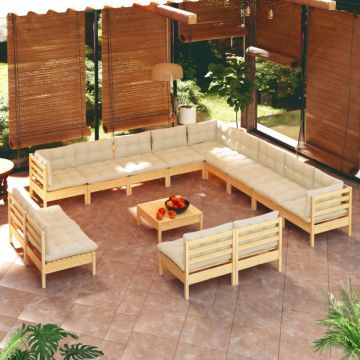 Set de mobilier de grădină & perne 14 piese crem lemn masiv pin