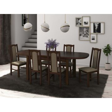 Set masa extensibila 160x200cm cu 6 scaune tapitate, mb-12 venus1 si s-37 boss7 o27a, nuc, lemn masiv de fag, stofa