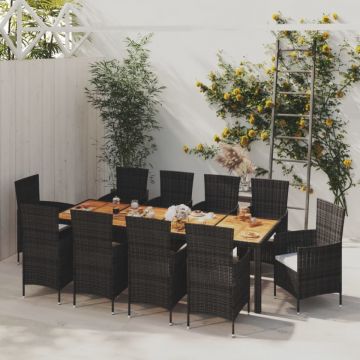 Set mobilier de exterior cu perne, 11 piese, negru, poliratan