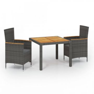 Set mobilier de exterior cu perne, 3 piese, gri, poliratan