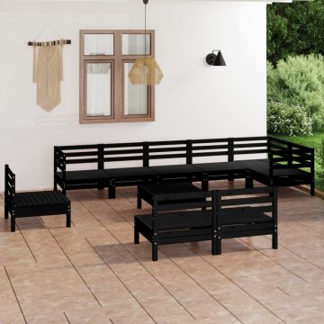 Set mobilier de grădină, 10 piese, negru, lemn masiv de pin