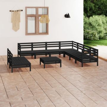 Set mobilier de grădină, 10 piese, negru, lemn masiv de pin