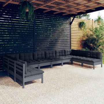 Set mobilier de grădină cu perne 10 piese gri lemn masiv de pin