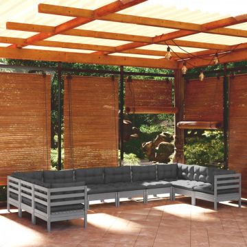 Set mobilier de grădină cu perne, 10 piese, gri, lemn masiv pin
