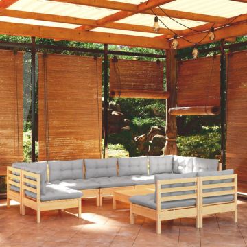 Set mobilier de grădină cu perne, 10 piese, gri, lemn masiv pin
