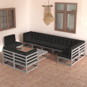 Set mobilier de grădină cu perne, 10 piese, lemn masiv pin