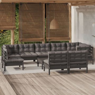 Set mobilier de grădină cu perne 10 piese negru lemn masiv pin