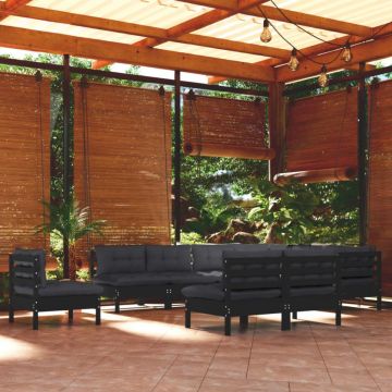 Set mobilier de grădină cu perne 10 piese negru lemn masiv pin