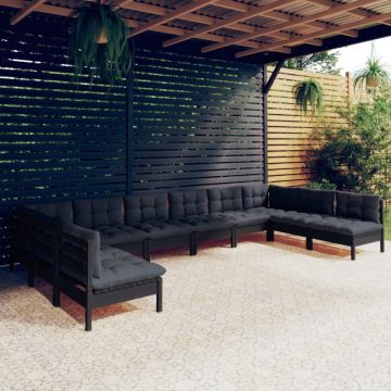 Set mobilier de grădină cu perne 10 piese negru lemn masiv pin