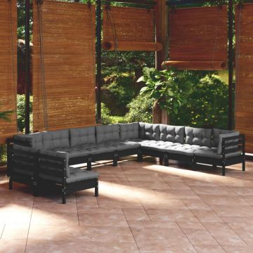 Set mobilier de grădină cu perne 10 piese negru lemn masiv pin