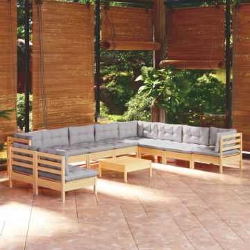 Set mobilier de grădină cu perne, 11 piese, gri, lemn masiv pin