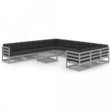 Set mobilier de grădină cu perne,12 piese,gri,lemn masiv de pin