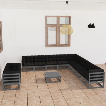 Set mobilier de grădină cu perne,12 piese,gri,lemn masiv de pin
