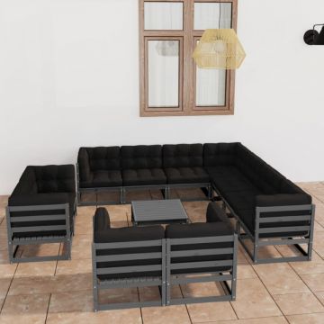 Set mobilier de grădină cu perne,12 piese,gri,lemn masiv de pin