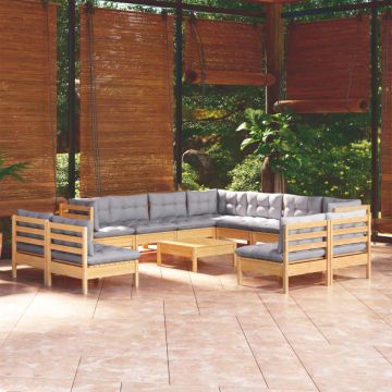 Set mobilier de grădină cu perne, 12 piese, gri, lemn masiv pin