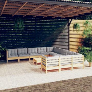Set mobilier de grădină cu perne, 12 piese, gri, lemn masiv pin