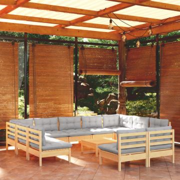 Set mobilier de grădină cu perne, 12 piese, gri, lemn masiv pin