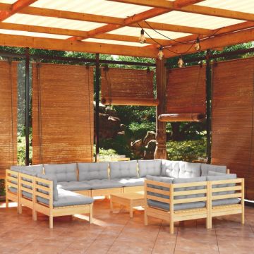 Set mobilier de grădină cu perne, 12 piese, gri, lemn masiv pin