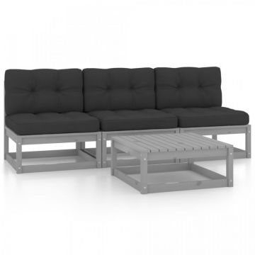 Set mobilier de grădină cu perne, 4 piese, lemn masiv de pin
