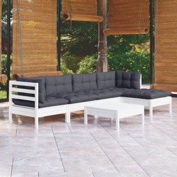 Set mobilier de grădină cu perne, 6 piese, alb, lemn de pin