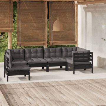 Set mobilier de grădină cu perne, 6 piese, negru, lemn de pin