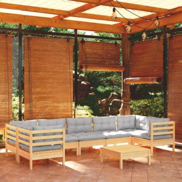 Set mobilier de grădină cu perne, 8 piese, gri, lemn de pin