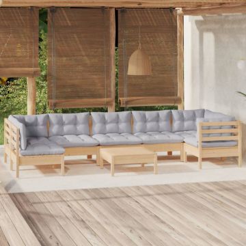 Set mobilier de grădină cu perne, 8 piese, gri, lemn de pin