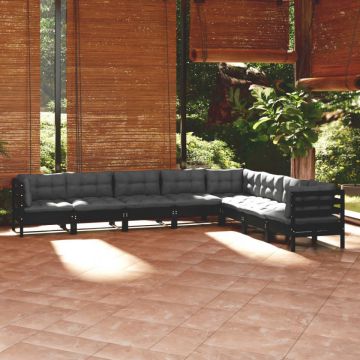 Set mobilier de grădină cu perne 8 piese negru lemn masiv pin
