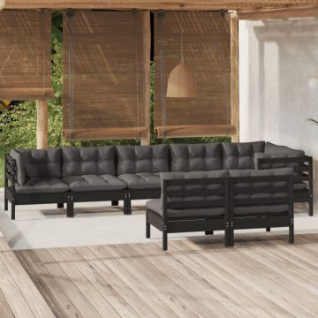 Set mobilier de grădină cu perne 8 piese negru lemn masiv pin