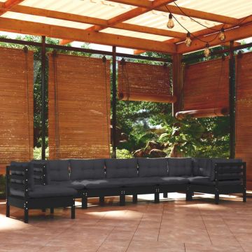 Set mobilier de grădină cu perne 8 piese negru lemn masiv pin