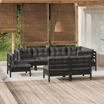 Set mobilier de grădină cu perne 8 piese negru lemn masiv pin