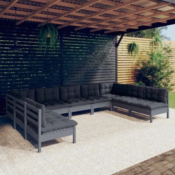 Set mobilier de grădină cu perne, 9 piese, gri, lemn masiv pin