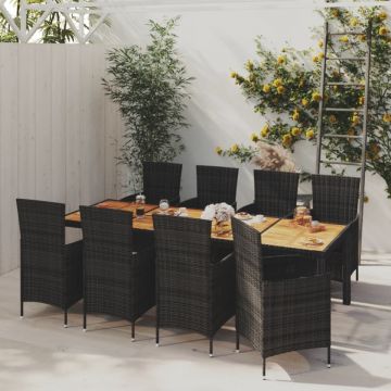 Set mobilier de grădină cu perne, 9 piese, negru, poliratan