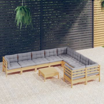 Set mobilier de grădină cu perne gri 10 piese lemn masiv de pin