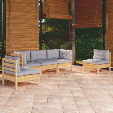 Set mobilier de grădină cu perne gri, 5 piese, lemn masiv pin