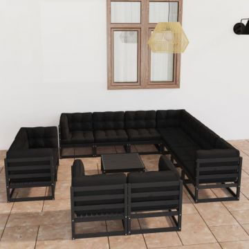 Set mobilier de grădină cu perne12 piese, negru, lemn masiv pin