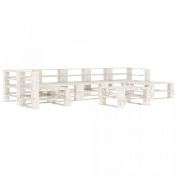 Set mobilier de grădină din paleți, 8 piese, alb, lemn