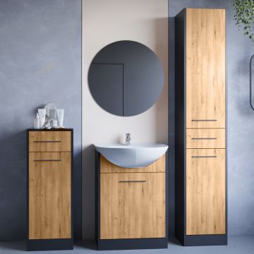 Mobilier de baie cu oglindă SLIDO MINI Negru / Stejar Artizanal
