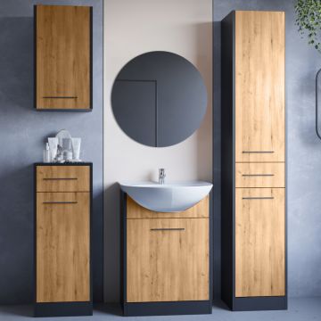 Mobilier de baie cu oglindă SLIDO Negru / Stejar Artizanal