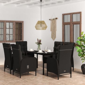 Set de masă pentru grădină, 7 piese, cu perne, negru