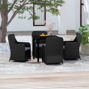 Set masă pentru grădină, 5 piese, cu perne, negru