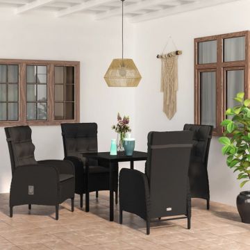 Set masă pentru grădină, 5 piese, cu perne, negru