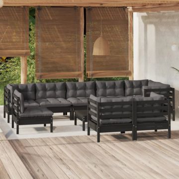 Set mobilier de grădină cu perne 10 piese negru lemn masiv pin