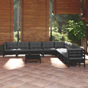 Set mobilier de grădină cu perne 10 piese negru lemn masiv pin